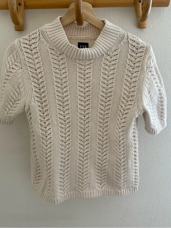 GAP cream short sleeve pointelle mockneck knit sweater size XS minimalist - Picture 3 of 10